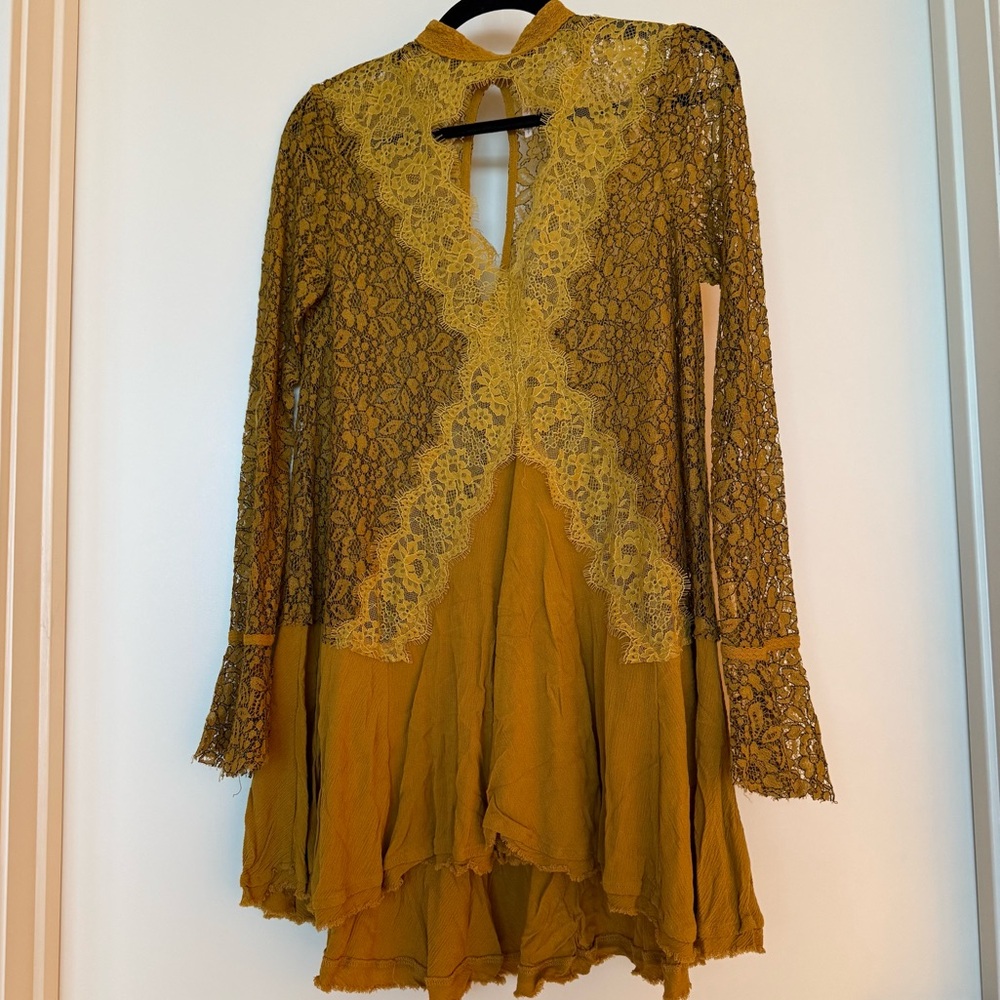 Free People Lace Tunic Top Mustard Yellow Boho Romantic Size Small